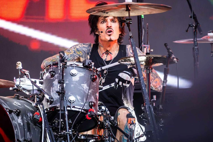 ommy Lee of Motley Crue performs on the drums at Marvel Stadium on November 14, 2023 in Melbourne, Australia.