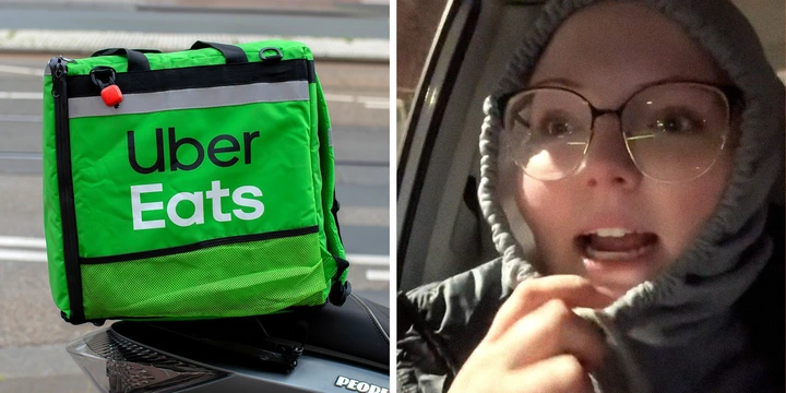 Two panel image. On the left, a large food carrying bag with the Uber Eats sits on the back of a motorcycle. On the right, a women with a surprised expression tightens her hood while sitting in the front seat of a car.
