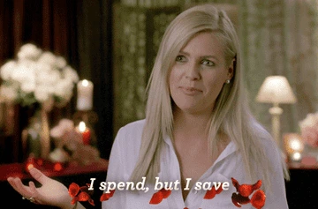Person in a room with decorative background, wearing a white shirt with red accents, speaking animatedly. Text reads, &quot;I spend, but I save.&quot;