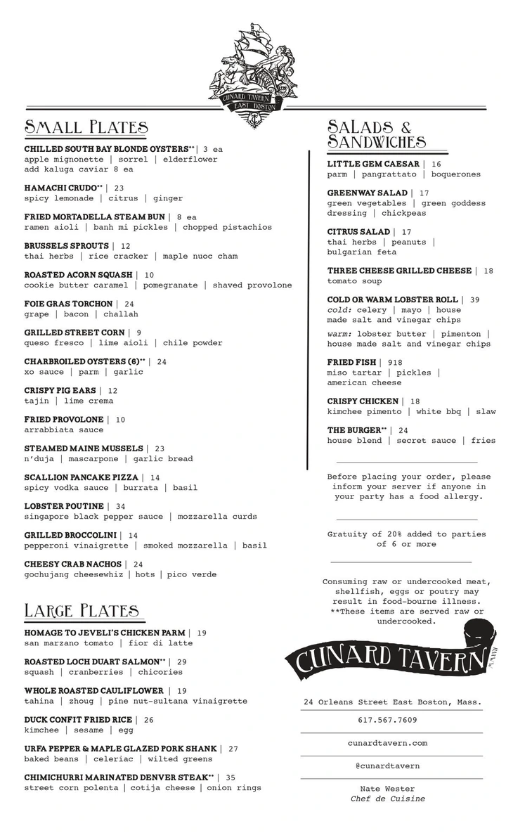 Cunard Tavern menu by chef Tony Messina