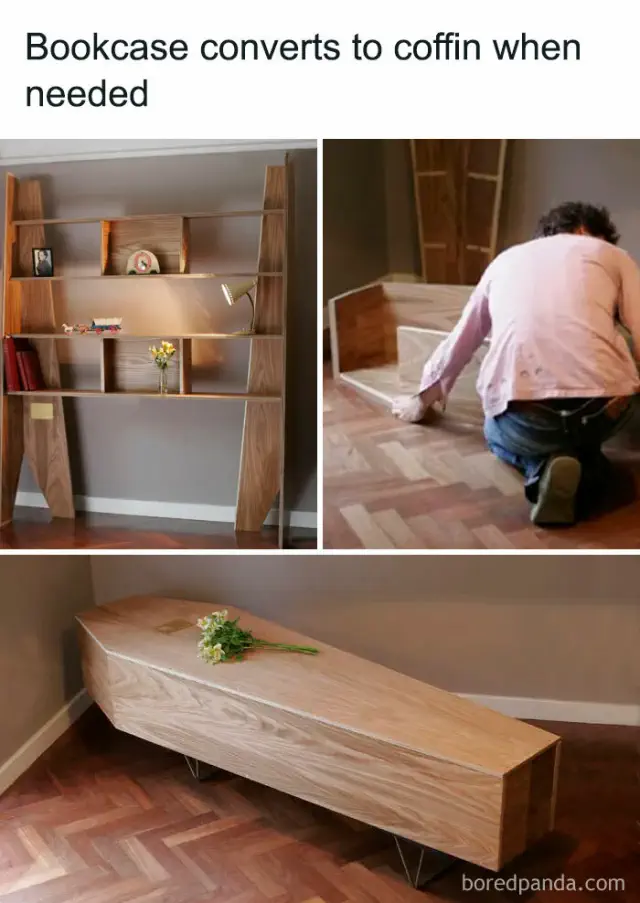 Science meme shows a versatile bookcase converting into a coffin, demonstrating inventive humor.