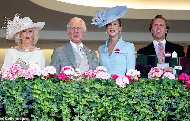 Queen Camilla, King Charles III, Lady Gabriella Windsor, and Thomas Kingston enjoy the races from the Royal Box on the fifth day of Royal Ascot 2023.