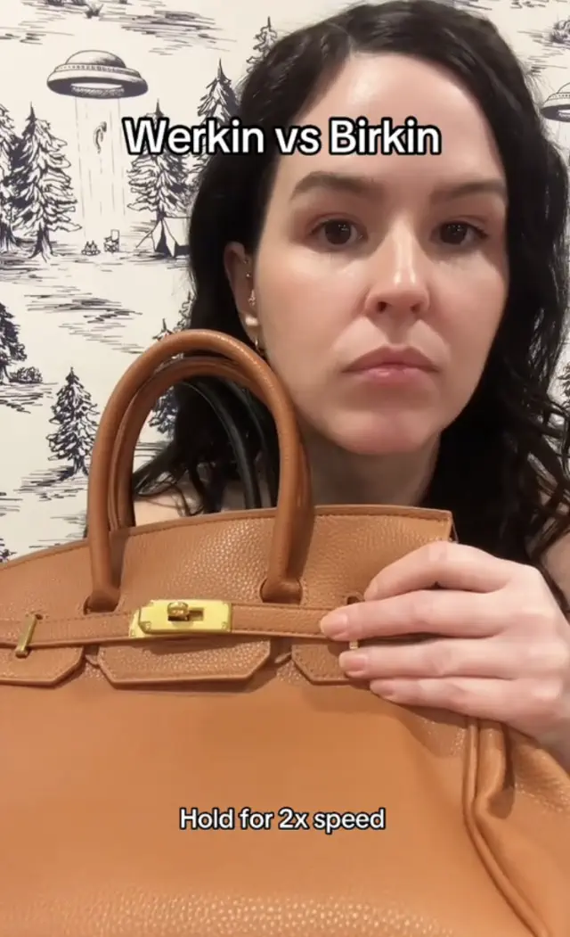 Person holding a tan handbag with the text &quot;Werkin vs Birkin&quot; and &quot;Hold for 2x speed&quot; visible in the image