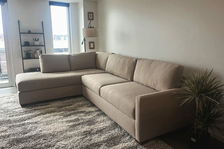 The Apt2b Tuxedo 2-Piece Sleeper Sectional on a colorful carpet