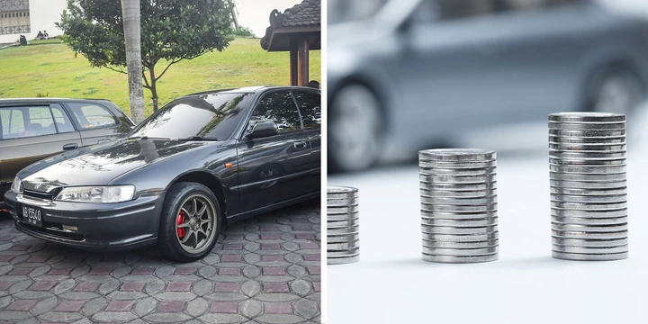 Two panel design with an old Honda accord in one, next to an image of stacked coins