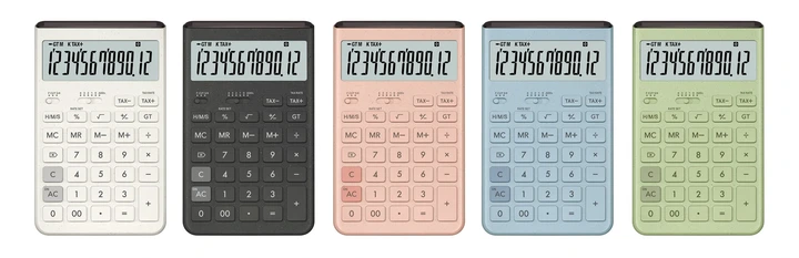 The five color options of the Casio Comfy JT-200T calculator.
