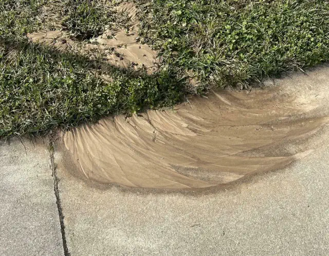 Grass next to a sidewalk with sand patterns resembling ocean waves.