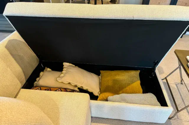 Pillows inside the Room & Board 90 Inch Pop-Up Platform Queen Sleeper Oxford Sectional chaise