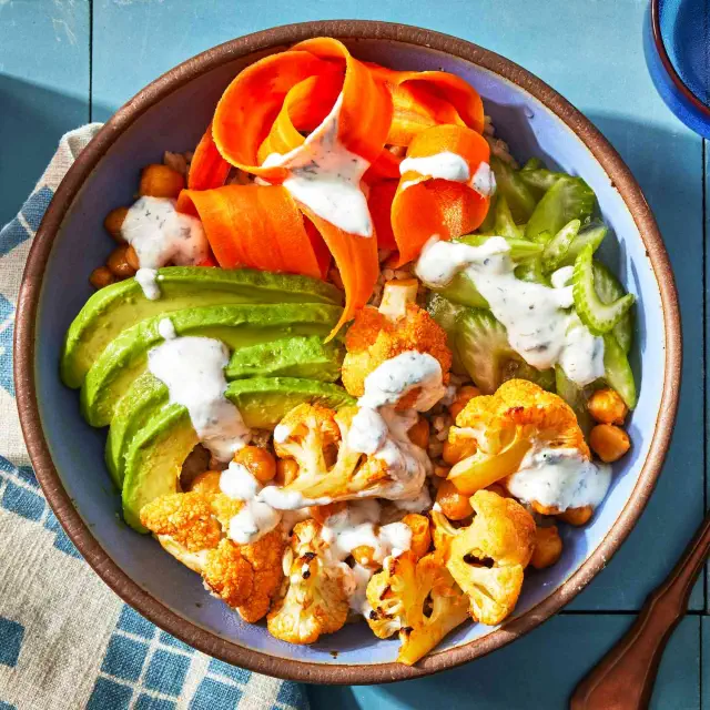 a recipe photo of the Buffalo Cauliflower Grain Salad
