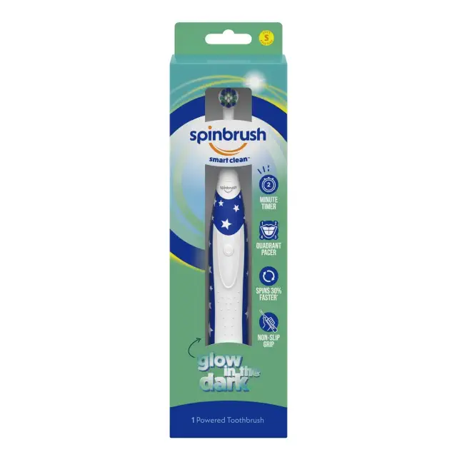 Spinbrush Smart Clean toothbrush package with glow-in-the-dark feature, minute timer, quadrant pacer, and non-slip grip