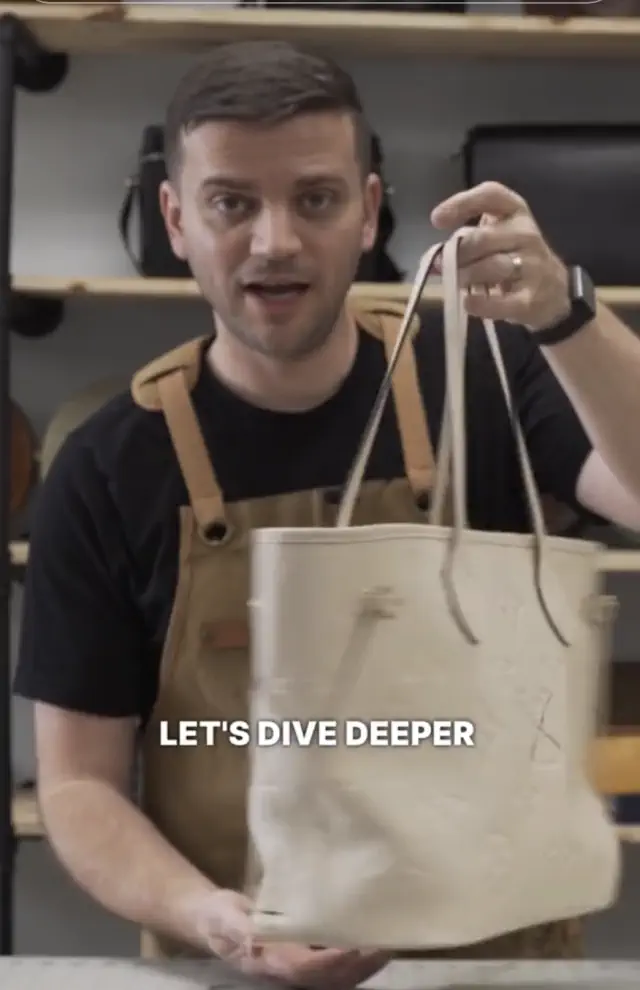 Person holding a handbag, wearing a black shirt and brown apron. Text on image says "LET'S DIVE DEEPER." Shelves with bags are visible in the background