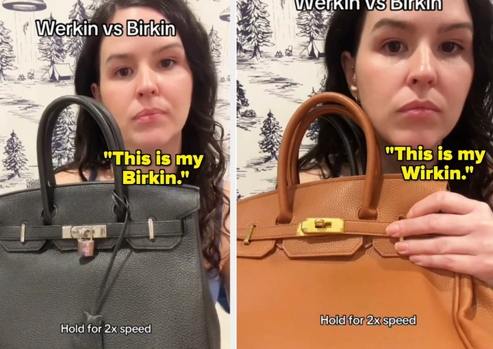 Woman holding two different handbags labeled &quot;Werkin vs Birkin.&quot; Background shows a patterned wallpaper. Text suggests holding for 2x speed