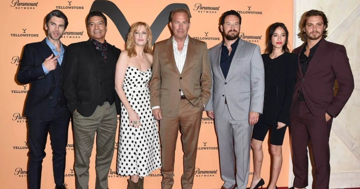 From left to right, the cast members Wes Bentley, Gil Birmingham, Kelly Reilly, Kevin Costner, Cole Hauser, Kelsey Asbille, and Luke Grimes gathered for the 'Yellowstone' Season 2 event on May 30, 2019, in Los Angeles, California. (Cover Image Source: Getty Images | Photo by Axelle Bauer-Griffin) 