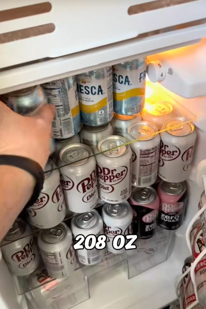 His fridge is fully stocked with a variety of canned soft drinks (TikTok/foodyfellowship).