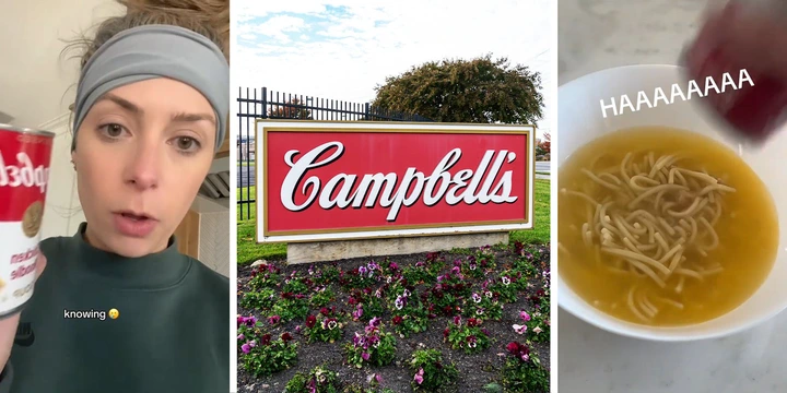 Woman holding up Campbells Can(l) Campbell's Sign(c) Noodle Soup(r)