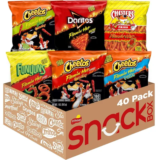 Variety pack of Frito-Lay snacks including Cheetos, Doritos, Funyuns, and Chester's Fries in a 40-pack cardboard box