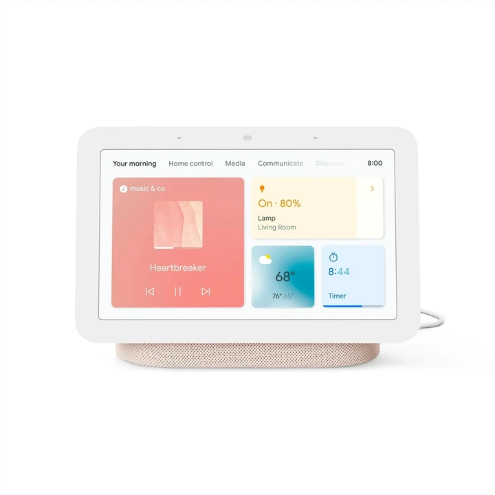 Smart display showing music, home control, weather, and time on screen in a shopping article