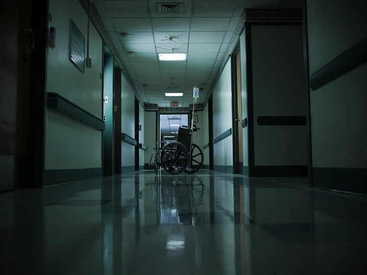 Empty wheelchair in a dim hospital hallway, symbolizing healthcare challenges