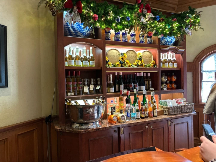 Wine and beverage display on wooden shelves with decorative greenery and lights above. A metal bucket with bottles and a stack of pamphlets are on the counter.