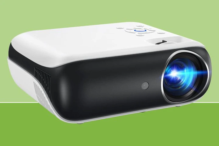 a HAPPRUN Projector on a background with two shades of green