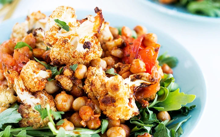 Roasted Spiced Cauliflower and Harissa Chickpea Salad