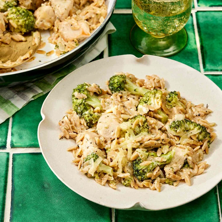 an image of the Creamy One-Pan Chicken and Broccoli Orzo