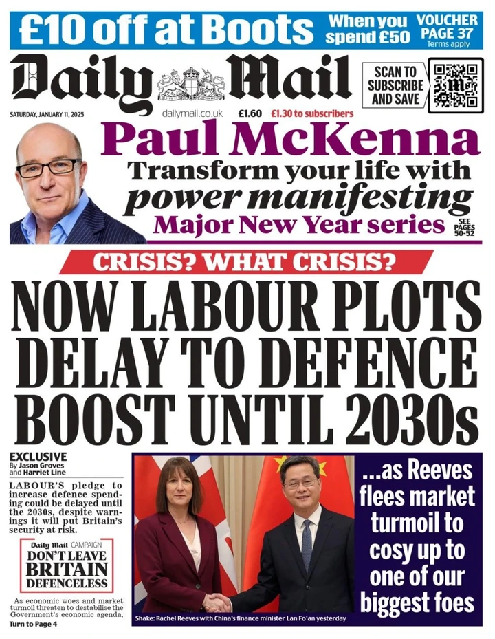 The headline in the Daily Mail reads: Now Labour plots delay to defence boost until 2030s