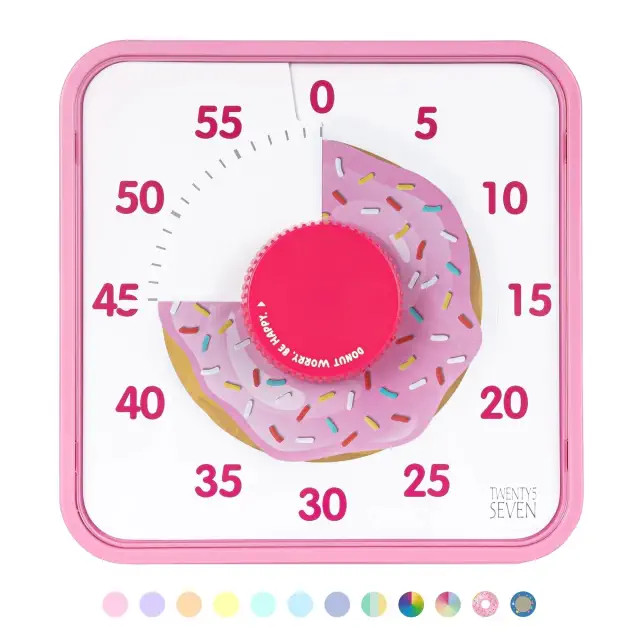 Timer with a donut design showing 25 minutes remaining. Circle of pastel colors below for customization options