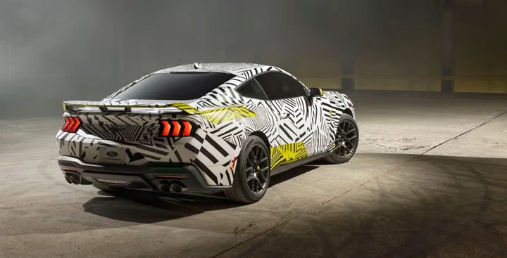 A Ford Mustang EcoBoost RTR in its camouflage livery.
