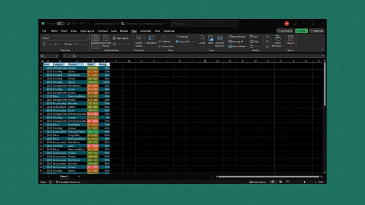 Excel for Windows dark mode