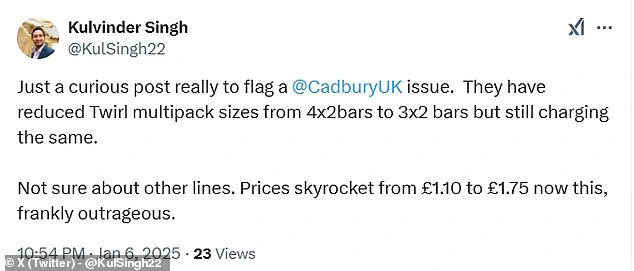 Customers flocked to X, previously known as Twitter, to voice their frustrations over what they deem an 'unacceptable' adjustment that has resulted in them paying the same amount for a reduced portion of their beloved chocolate.