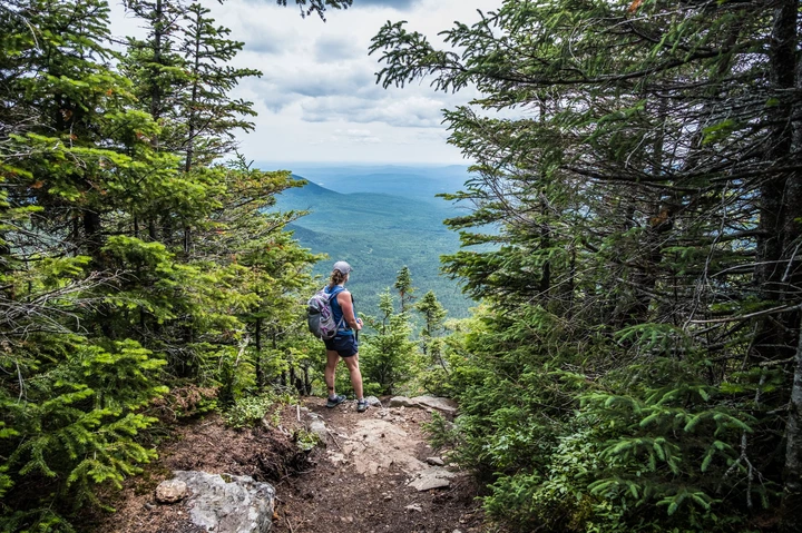 Person with backpack stands on forest trail overlooking expansive mountain view