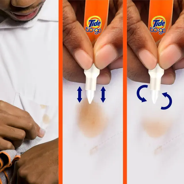 Person using a Tide To Go pen to remove a stain from a white shirt, showing step-by-step instructions for effective stain removal