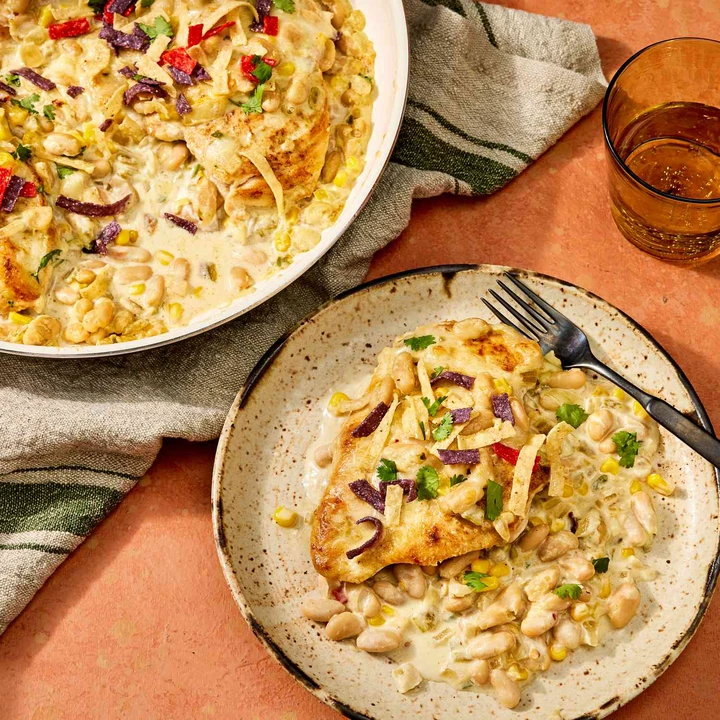 an image of the Cheesy Chicken & White Bean Skillet