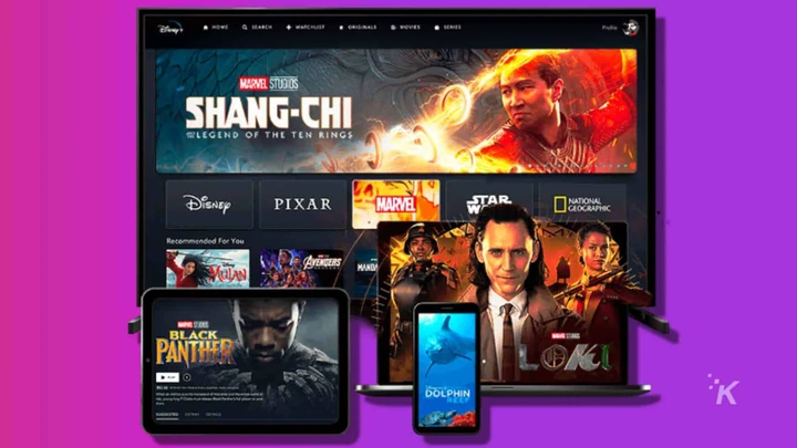 disney plus content on multiple screens on a purple background