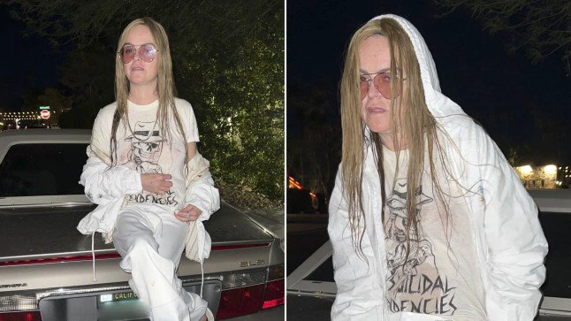 A composite image of Taryn Manning in a white outfit sat on a car hood