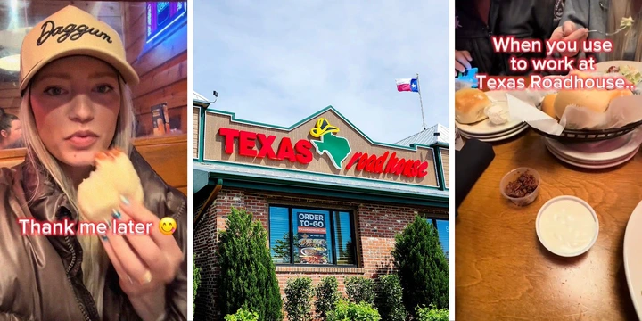 woman taking bite of bread roll(l) Texas Roadhouse Restaurant(c) Table at Texas Roadhouse with bread rolls and ranch(r)