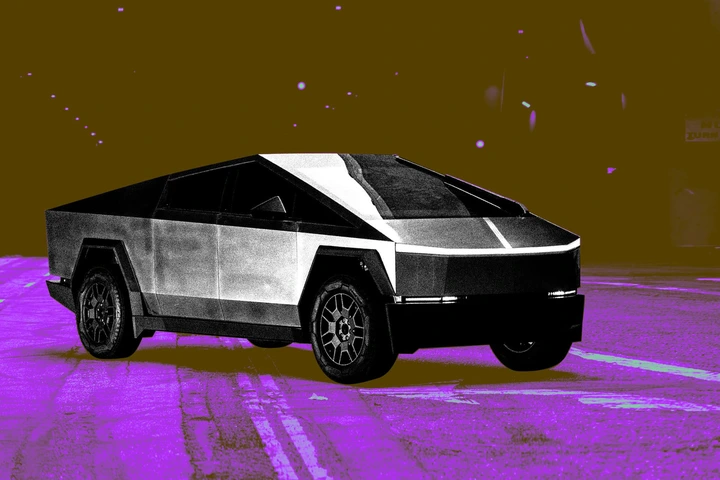 Digital photo collage of a Tesla Cybertruck.