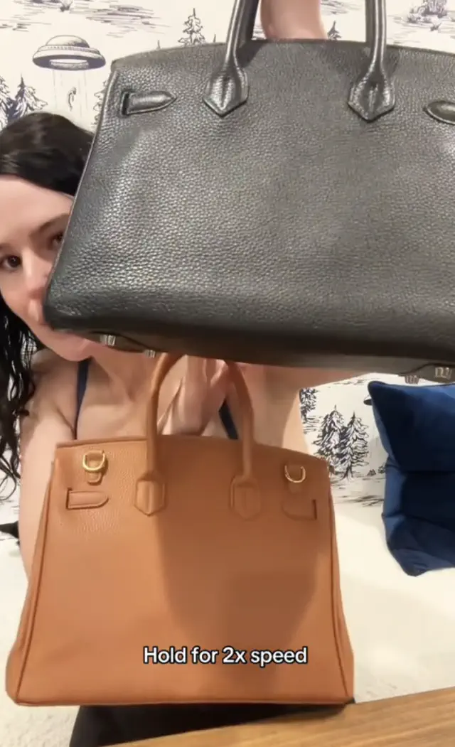 Person holding two handbags, one black and one brown, with a suggestion to hold for 2x speed