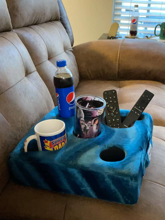 cup organizer cushion on couch