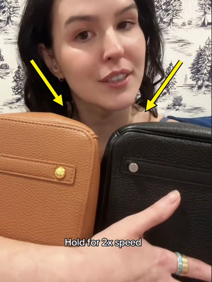 Person holding a brown and a black textured clutch in front of a patterned background, with text &quot;Hold for 2x speed&quot; at the bottom