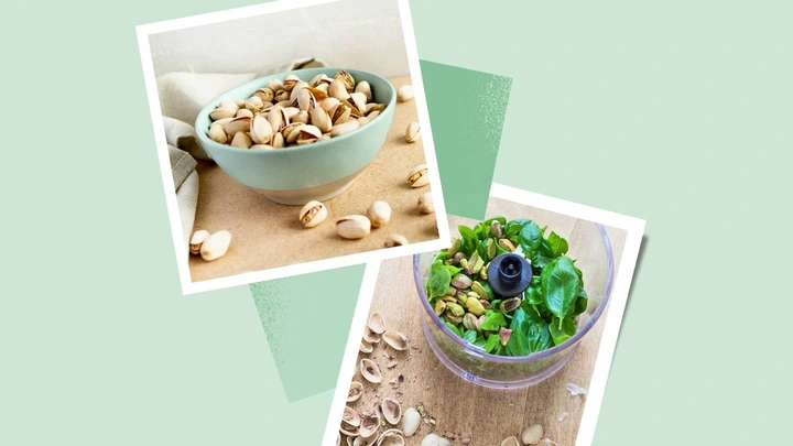 pistachios in a bowl and pistachi pesto in a food processor