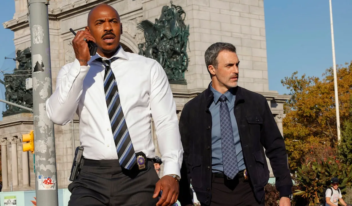 LAW & ORDER -- "Enemy Of The State" Episode 24009 -- Pictured: (l-r) Mehcad Brooks as Detective Jalen Shaw, Reid Scott as Detective Vincent Riley -- (Photo by: Will Hart/NBC)