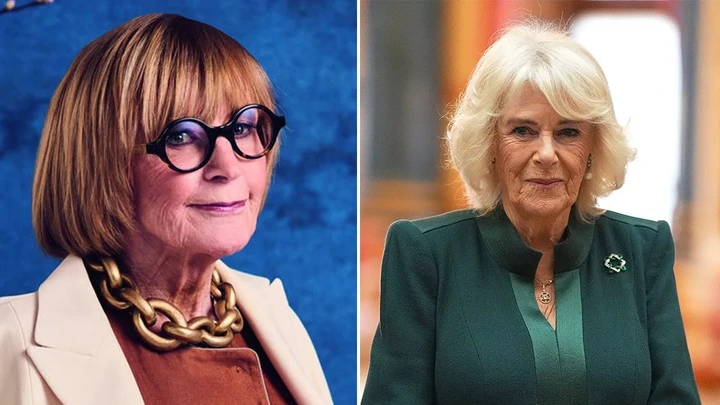 Split screen showing Anne Robinson next to Queen Camilla