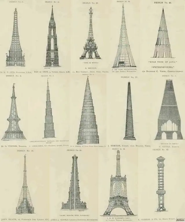 A collection of vintage architectural designs for skyscrapers and towers, each labeled with a design number or architect&#x27;s name