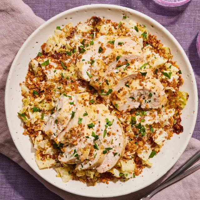 a recipe photo of the Creamy Roasted Cabbage Caesar Salad With Chicken