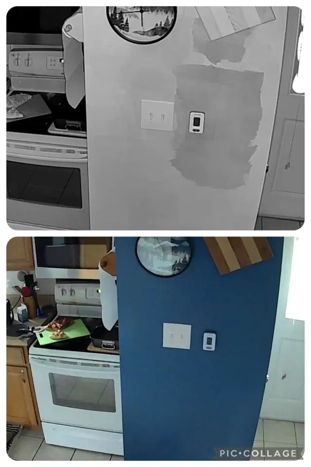 Before and after images of a kitchen wall. Top shows patchy, unpainted surface; bottom shows smooth, blue-painted wall near a stove