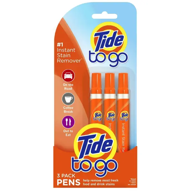 Tide to Go Instant Stain Remover 3-pack pens for removing fresh food and drink stains, ideal for travel, coffee breaks, and dining out