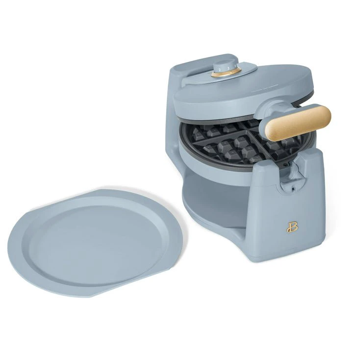 A waffle maker with a plate, showing its open griddle design and modern handle, ideal for quick and easy breakfast preparation