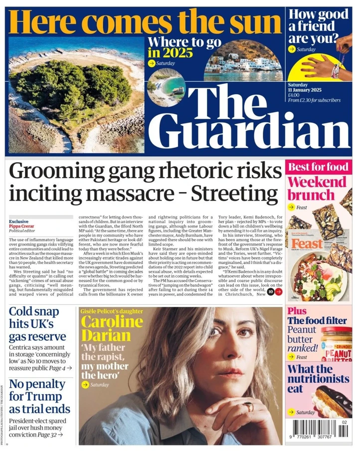 The headline in The Guardian reads: Grooming gang rhetoric risks inciting massacre - Streeting